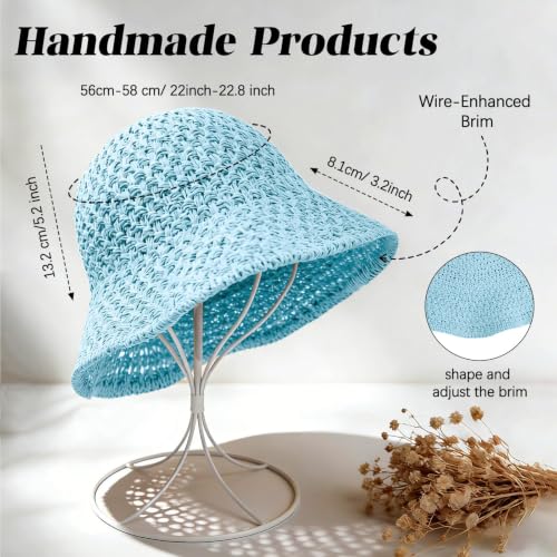 Sun Hat for Women Beach Hat Straw Bucket Hat Summer UV Protection, Packable Breathable Crochet Style - color: 1pack-light Blue