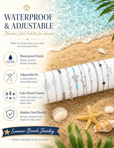 FASACCO 20Pcs Ankle Bracelets for Women Adjustable Beach Anklet Set Surfer Anklet Heart Star Turtle Infinite Anklets Foot Jewelry - color: silver tone