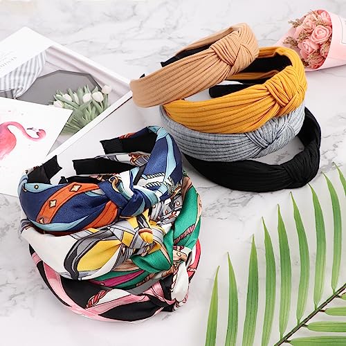 DRESHOW 8 Pack Knotted Headbands for Women Wide Turban Headband Yoga Exercise Ribbing Hair Hoop Hair Bands Accessories - color: 8 Pack：printed Patterned+solid Color
