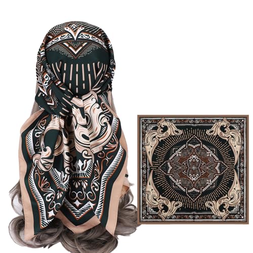 Women's Square Silk Like Head Scarf Large 35 inch Silk Feeling Hair Wrapping Satin Scarves for Sleeping Bandanas - color: A021-1 Twill Dark Green