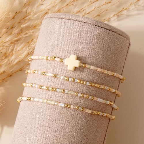 Gold Colorful Beaded Cross Bracelet Stack Set for Women,Handmade Bohemian Seed Beads Stacked Bracelets Fashion Holiday Jewelry Gift - color: Beige