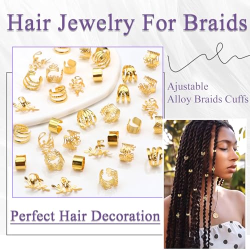 40PCS Gold Hair Jewelry for Braids Multi Style Hair Cuffs Adjustable Braid Jewelry Non-Piercing Ear Clips Loc Dreadlock Accessories for Women and Girls - color: Gold