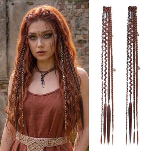 REECHO Clip in Braids for Women, 20" Boho Dreadlock Clip in Braids with Beads & Charms, 2PCS Synthetic Braided Hairpieces for Music Festival Season Cosplay Daily, Dark Auburn Brown Mix - color: Dark Auburn Brown Mix, size: 20 Inch