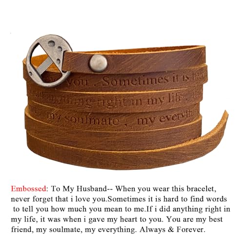 Rantanto Genuine Leather Wrap Bracelets Trendy Western Stackable Cuff Adjustable Boho Layered Bracelet Jewelry For Men Women - color: Brown--To My Husband