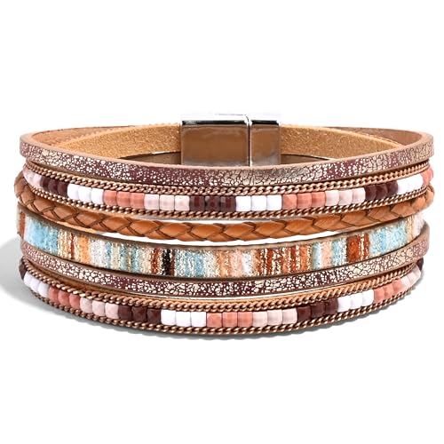 VIBILIA Boho Leather Wrap Bracelets for Women Multi-Layer Bracelets with Strong Clasp Jewelry for Women - color: 03-BohoBraid-Khaki