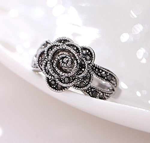 Women's Black Rings Vintage Rings Statement Rings for Women Band Marcasite Crystal Rings for Women - color: Siler3