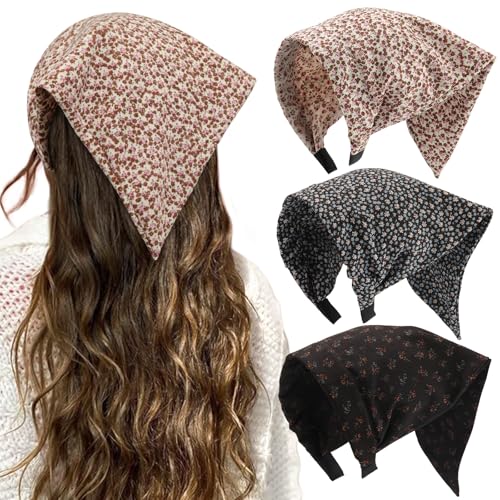 HAIMEIKANG Floral Bandana Headbands for Women Boho Hair Bandanas Scarf Triangle Kerchief Hair Bands Vintage Head Scarf(Beige + Blue + Brown) - color: Beige + Blue + Brown