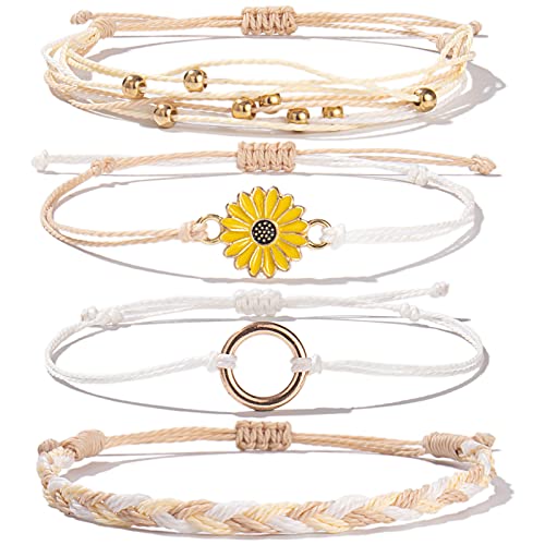 FANCY SHINY Easter Gifts Basket Stuffers Sunflower String Bracelet Boho Braided Rope Wrap Bracelets Cute Summer Beach Surfer Jewelry for Women - color: Wheat