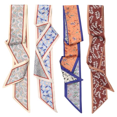 CHLINS 4PCS Satin Head Scarf for Women, Neck Hair Purse Handbag Accessory Fashion Versatile Thin Long Strip Scarf - color: Khaki