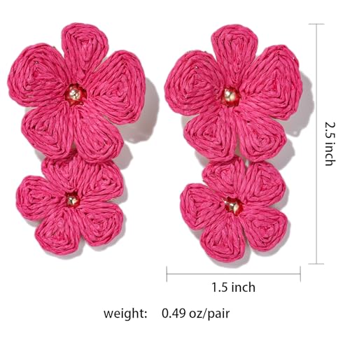 Boho Flower Earrings Statement Raffia Dangle Earrings Cute Floral Jewelry Trendy Summer Beach Vacation Outfits for Women - color: Rose