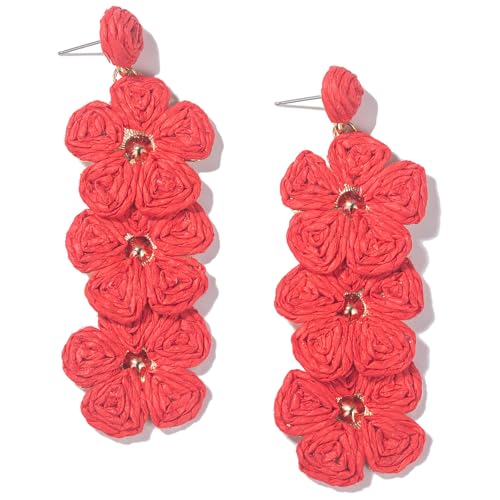 Boho Flower Earrings Statement Raffia Dangle Earrings Cute Floral Jewelry Trendy Summer Beach Vacation Outfits for Women - color: Red-2
