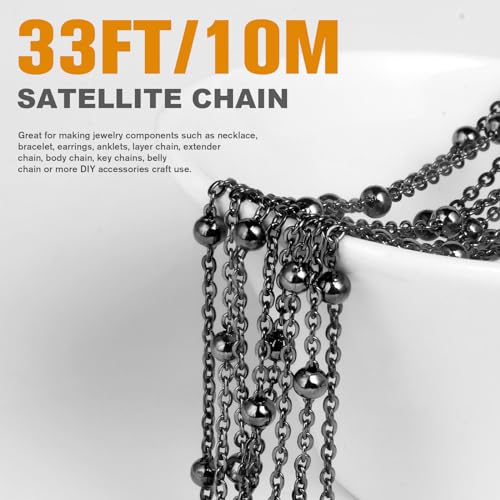 33 Feet Gunmetal Satellite Bead Chains Roll, 2mm 304 Stainless Steel Black Ball Beaded Cable Link Chains Spool Bulk for Jewelry Making DIY Craft - color: Black Big Beads Satellite Cable Chain