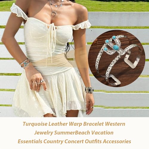 Long tiantian Western Turquoise Beaded Bracelet Set for Women Stackable Cowgirl Bracelets Boho Concho Jewelry Country Concert Rodeo Outfit Accessories Gifts - color: D4