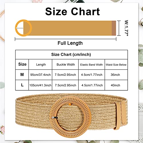 2 Pieces Women Straw Woven Elastic Stretch Waist Belt Skinny Dress Braided Waist Belt with Wooden Style Buckle - color: Black and Natural
