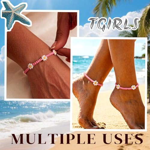 Tgirls Boho Ankle Bracelets for Women Beaded Anklets Chain Beachy Flower Foot Accessories - color: Pink