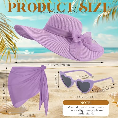 3 Pcs Summer Beach Set for Women Wide Brim Straw Sun Hat, Swimsuit Coverup Sarong, Heart Sunglasses - color: Purple