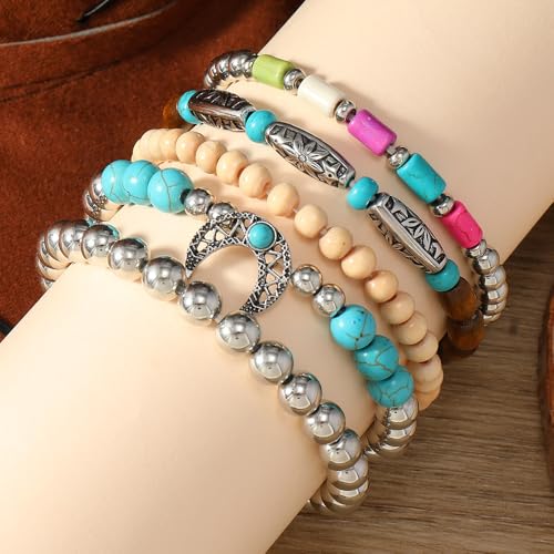 Western Turquoise Beaded Bracelet Stack - Vintage Cowgirl Stretch Set with Bull Skull, Feather & Boot Charms, Handmade Boho Jewelry for Rodeo, Country Concerts & Casual Western Outfits - style: Crescent