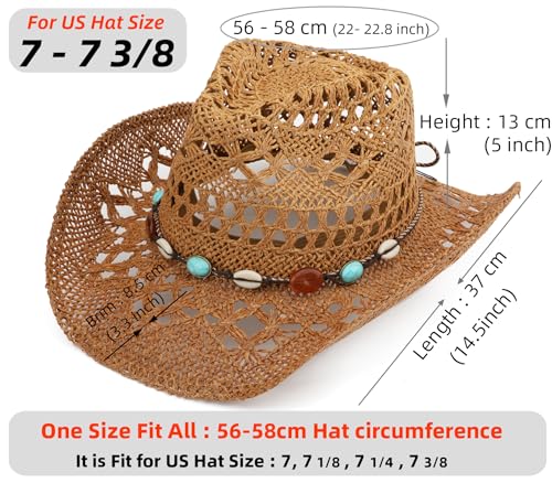 Straw Cowboy Hat for Women and Men with Shapeable Wide Brim Sun Beach Western Cowgirl Hat - color: Khaki-m
