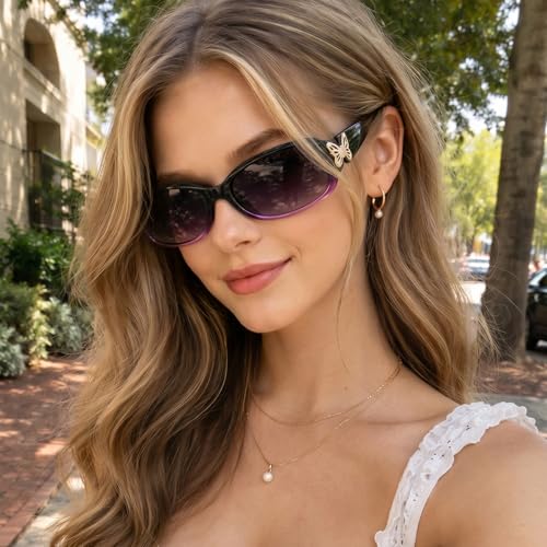 TJUTR Polarized Sunglasses for Women with Wrap Around Butterfly Design, Trendy Jackie-O Style for UV400 Protection - color: A7 Gradient Purple Frame Grey Lenses