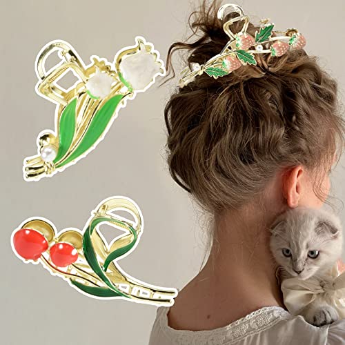 3-Piece Floral Metal Hair Accessories: Strawberry Cherry Tulip Barrettes, Elegant Strong Hold Non-Slip Clamps for Thin/Medium Thick Hair
