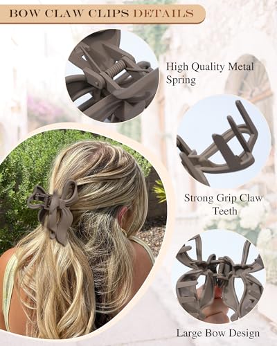 4 PCS Bow Hair Clips Bow Claw Clip for Women, Large Hair Claw Clips for Thin Thick Long Hair Cute Nonslip Bows (Dark khaki+light khaki+Dark Brown+Beige) - color: Dark khaki+light khaki+Dark Brown+Beige