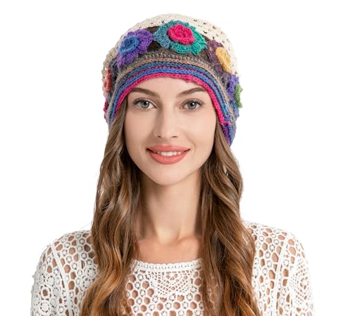 ZLYC Women Cotton Crochet Slouchy Beanie Hat Handmade Knit Summer Skull Cap - color: Colorful Flower Beige