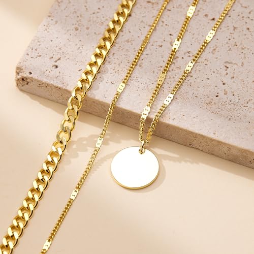 WomenGifts Layered Gold Necklaces for Women, 14K Gold Sterling Silver Plated Dainty Pendant Necklace Set Non Tarnish, Chunky Stackable Cuban Chain Choker, Trendy Birthstone Vacation Jewelry Gift - color: Gold, style: Mirror Coin