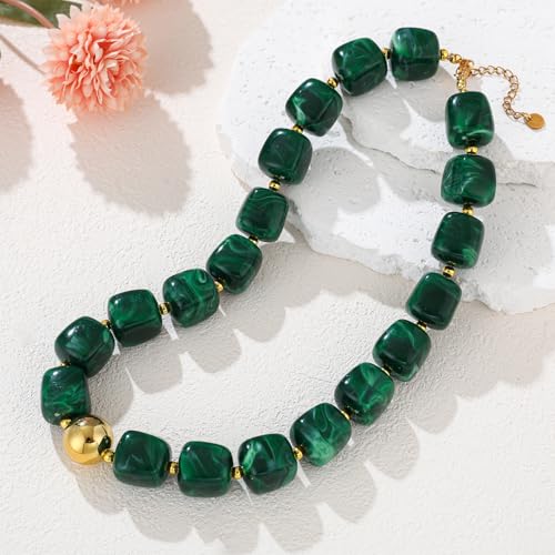 Chunky Beaded Necklace For Women Colorful Boho Beach Rainbow Statement Resin Necklace For Women Jewelry - color: Dark green