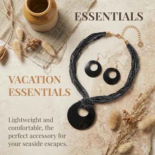 Coiris Multi Strand Statement Colorful Beaded Necklace with Big Circle Shell Pendant for Women - color: Black