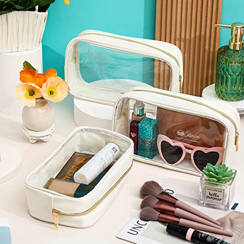 9 Pcs Preppy Clear Makeup Bag DIY Chenille Letter Pouch Large Nylon Makeup Bag Travel Toiletry Zipper Cosmetic Organizer Pouch PVC Bags for Women, 9.5 x 5.1 x 2.8 Inch(Cream White) - color: Cream White