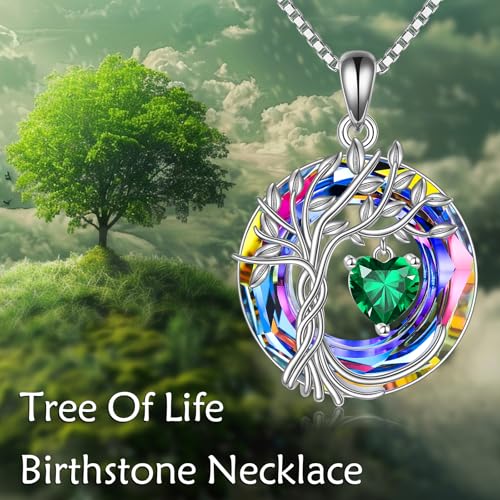 POPLYKE Mothers Day Gifts for Mom Her Wife Tree of Life Necklace 925 Sterling Silver Birthstone Pendant with Crystal Anniversary Birthday Wedding Jewelry for Women - color: 05-May-Emerald, style: White Gold Plated-Volcano Crystal