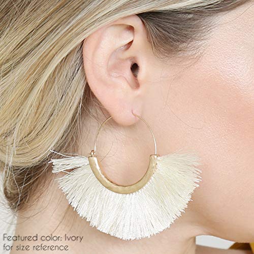 Bohemian Silky Thread Tassel Strand Fringe Statement Hoop Earrings - Lightweight Semi Circle Fan Threader, Mermaid Hoops - color: Halfmoon Tassel Hoops - Light Blue