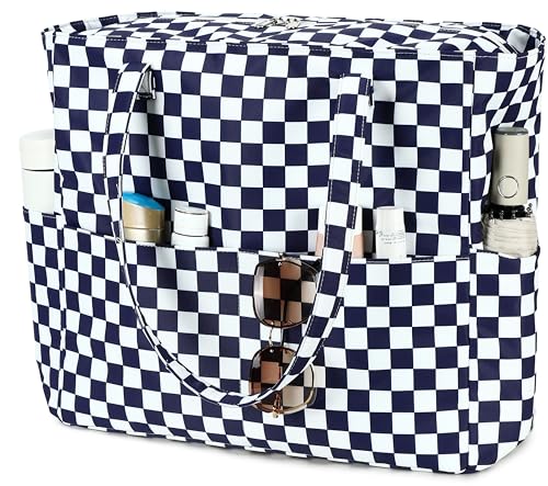 Bluboon Waterproof Beach Tote Pool Bags for Women Ladies Extra Large Carry On Bag With Wet Compartment for Weekender Travel - color: Dark Blue White Checkered