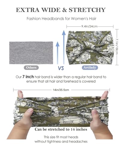Artilady Wide Bandana Headbands for Women-Boho Bandeau Head Band Bohemian Paisley Red Headwrap Soft Athletic Elastic Sweat Non Slip Hair Bands for Curly Hair Accessories 6 PCS - color: Flower