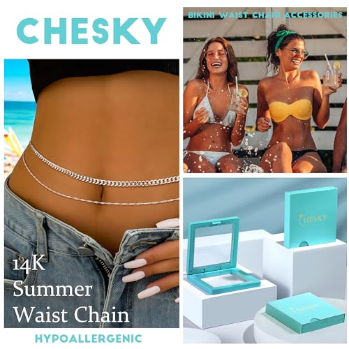 CHESKY 14K Gold Plated Silver Plated Waist Chain for Women, Layered Belly Belt Chains Beach Waist Beads Chain Waterproof Snake Cuban Body Chain Summer Jewelry Accessories for Women - style: cuban wave-sl