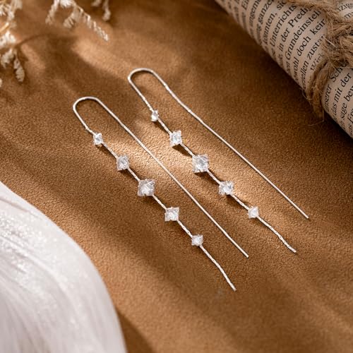 NECOCY Gold Dangle Earrings for Women Non Tarnish 14K Gold Plated Drop Wedding Hypallergenic Earring Dainty Long Hanging Chain CZ Pearl Threader Earrings Trendy Silver Plated Jewelry for Women - style: Silver&Style7