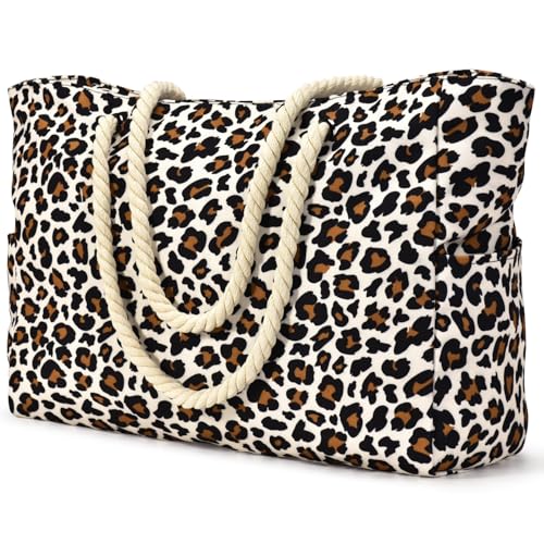 Becokan Beach Bag Large Beach Tote Bag for Women Waterproof Sandproof Swim Pool Bag With Zipper - color: Leopard