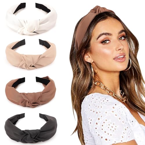 DRESHOW Knotted Headbands, Women Non Slip Fashion Headbands, Solid Boho Wide Top Knot Hair Hoops, 4 Pcs Set, for Women Girls Hairbands Hair Accessories - color: 4 Pcs: Black, Khaki, Coffee, White