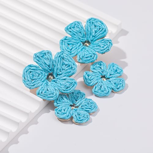 Boho Flower Earrings Statement Raffia Dangle Earrings Cute Floral Jewelry Trendy Summer Beach Vacation Outfits for Women - color: Blue