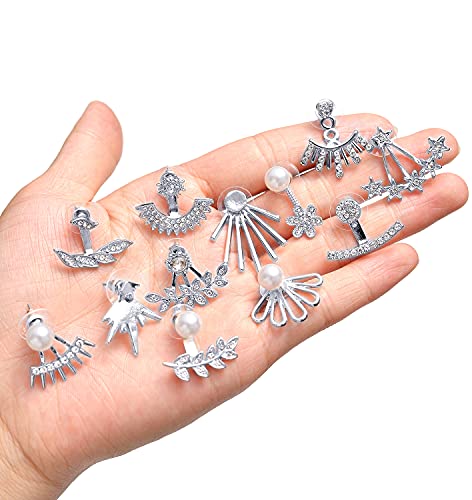 Tornito 6-12 Pairs Lotus Flower Earring Studs Chic CZ Earrings Jackets For Women Silver Rose Gold Tone - color: E:12 Pairs,Silver Tone