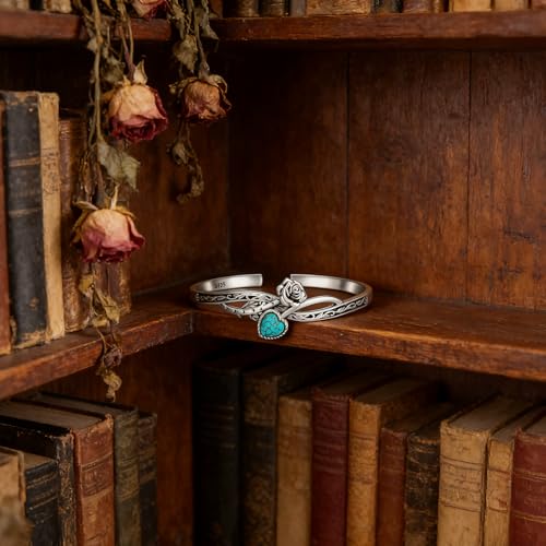 Genuine Turquoise Bracelet Cuff Bracelet for Women Mom 925 Sterling Silver Natural Turquoise Bangles Vintage Bracelet Boho Jewelry for Birthday Christmas Mother's Day Valentine's Day - style: Rose