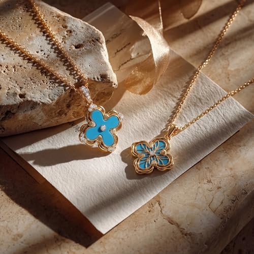 Fettero Dainty Gold Necklace for Women - Double Sided Pendant Necklace 14K Gold Plated Charm Clover Necklace Jewelry for Valentine's Day - color: Turquoise blue