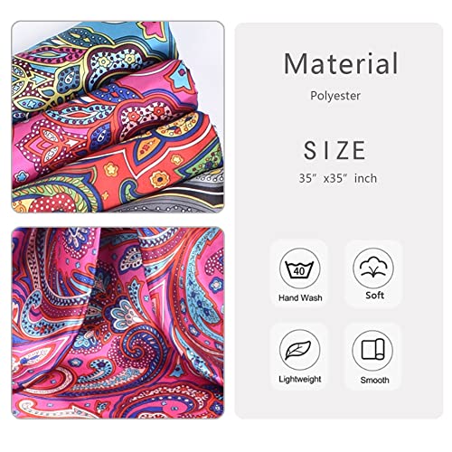 4Pcs Silk Head Scarves for Women Satin Hair Scarf 35”Large Square Bandana Silk Like Neck Scarf Shawl - color: Blue/Purple/Red/Black
