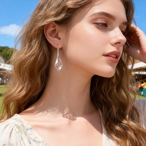 Silver Dangle Earrings Hypoallergenic Filigree Flower Carved Hollow Out Dangle Earrings for Women 14K Gold Plated Geometric Leverback Earring Trendy Silver Drop Earings Jewelry Gifts - color: Silver