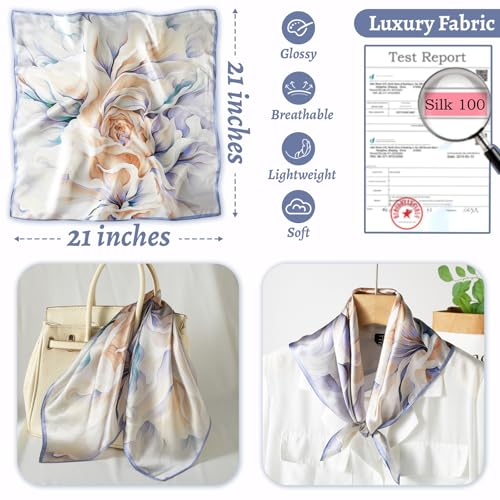 100% Mulberry Silk Neck Scarf 21''x21'' Small Square Hair Scarf for Women Men Lightweight Bandana Envelope Package - color: Big Flower-purple