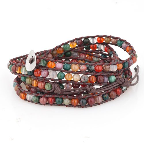 Layered Leather Handmade Bracelet Boho Bohemian Style Multilayer Crystal Glass Natural Stone Beaded Wrap Bracelets Collection for Women - style: BR495