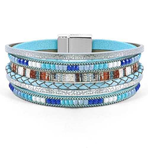 VIBILIA Boho Leather Wrap Bracelets for Women Multi-Layer Bracelets with Strong Clasp Jewelry for Women - color: 03-BohoBraid-Blue