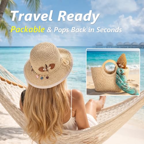 TOP-EX chicpony™ Cooling UPF 50+ Wide Brim Beach Hand Crochet Straw Hat - color: Natural Midnight Botanical, size: Medium