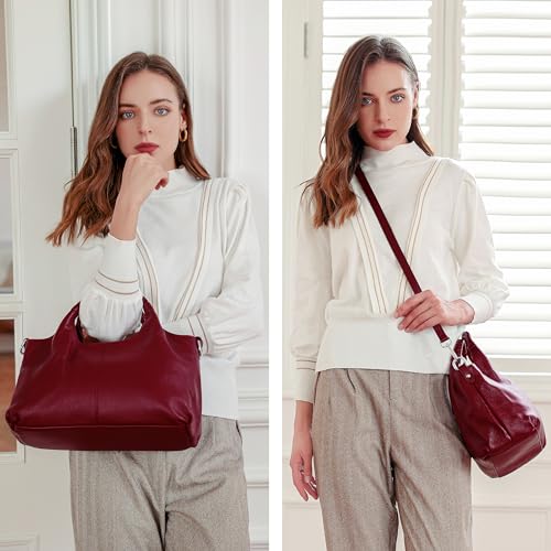 Iswee Genuine Leather Shoulder Bags Purses and Handbags for Women Satchel Designer Cross Body Hobo Medium Size Tote - color: Wine