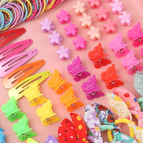 Rosvia Hair Accessories Set for Girls,Toddler Colorful Elastic Hair Ties with Gift Box 505PCS, Cute Rabbit Ear Hair Ties, Mini Flower Claw Clips and Butterfly Hair Clips,Satin Silk Scrunchies - color: Multicolor-1